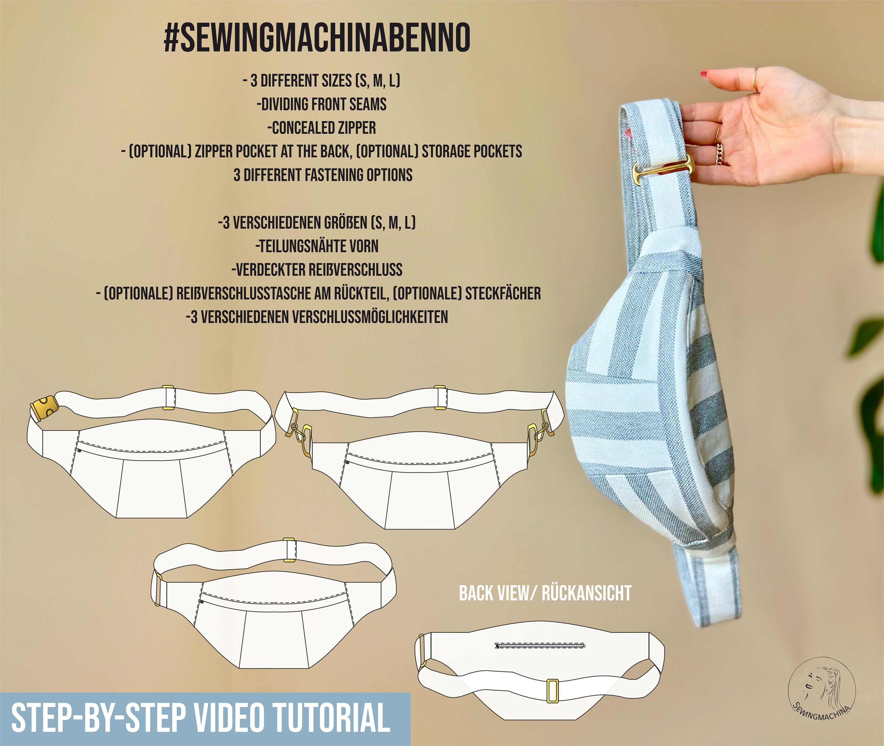 Bum bag Benno 3 sizes S-M-L / PDF sewing pattern/ video tutorial